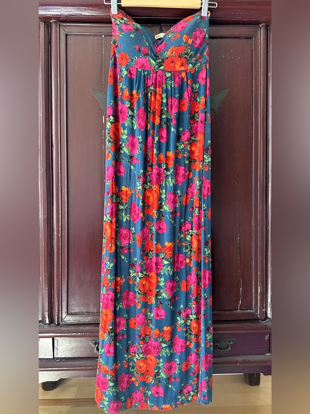 Strapless Teal Floral Maxi Dress with Pink & Orange Roses